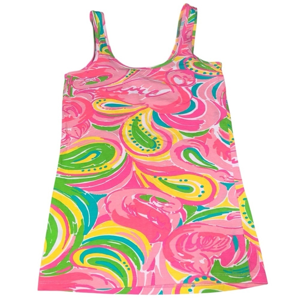 EUC Lilly Pulitzer Tabby Tank Top Multi All Nighter Flamingo Print XXS Pink Lime